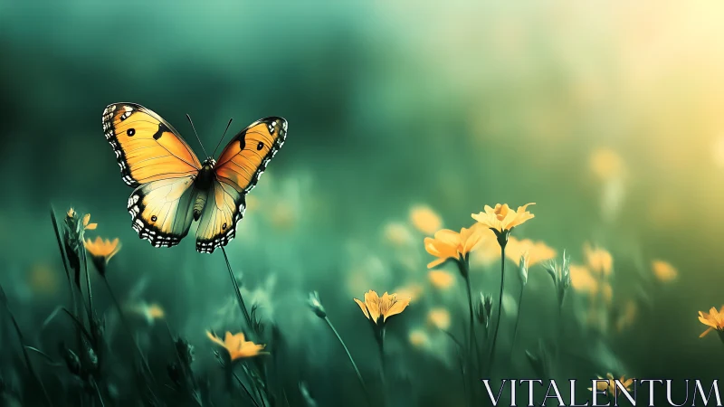 Digital painting of butterfly over sunlit meadowscape backdrop.