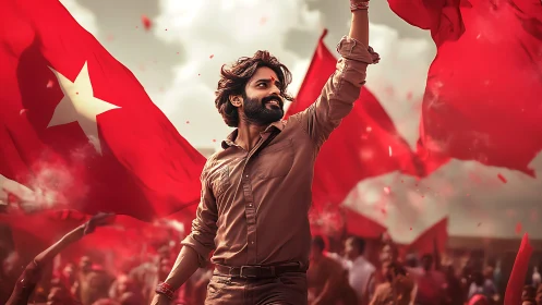 Dynamic rally leader amid red flag field, cinematic lighting.