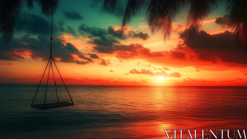 Tropical swing overlooks a blazing ocean sunset in calm silence