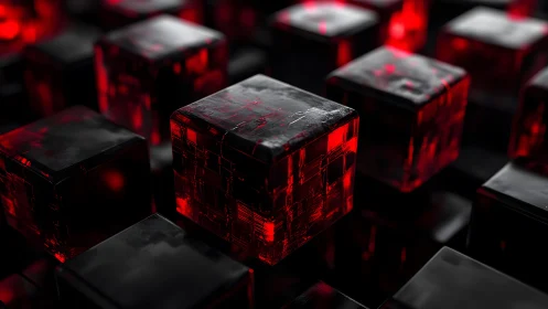 Glowing red digital cubes form dark futuristic grid landscape