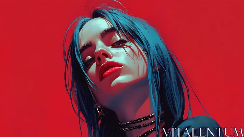 Stylized blue haired portrait against solid red ground.