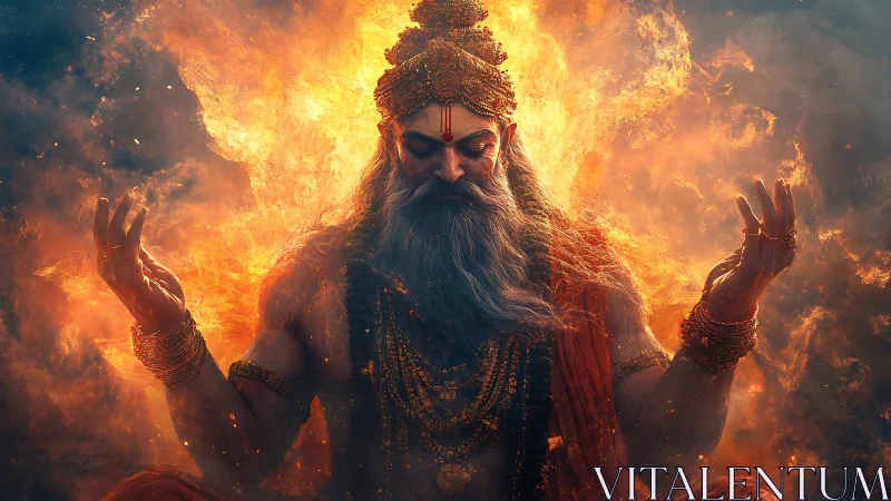 Fiery meditating sage surrounded by swirling cosmic flames.