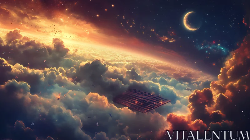 Dreamy floating piano in glowing clouds at cosmic dusk.