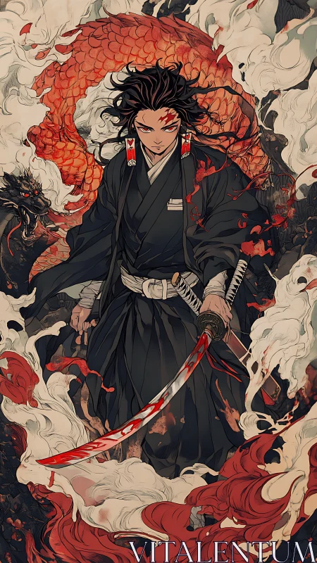 Storm-eyed swordsman walks within a coiled dragon of flame