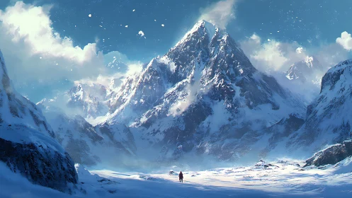 Vast alpine colossus towering above lone explorer.