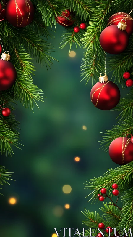 Red baubles and evergreen branches frame a festive bokeh field