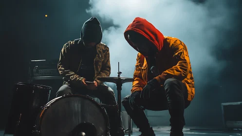 Two hooded figures sit and squat near drum equipment onstage