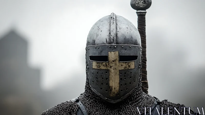 Crusader visor close-up with chainmail and arming sword backdrop.