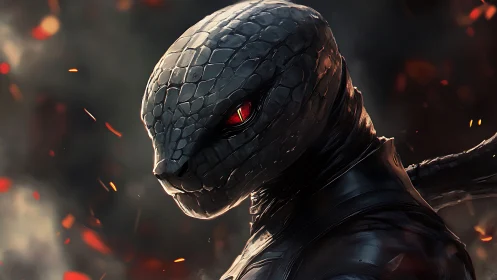 Armored serpentine warrior rendered in cinematic digital detail.