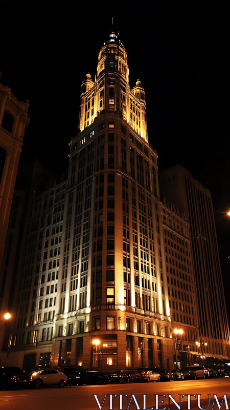 Illuminated high-rise office tower stands against night sky