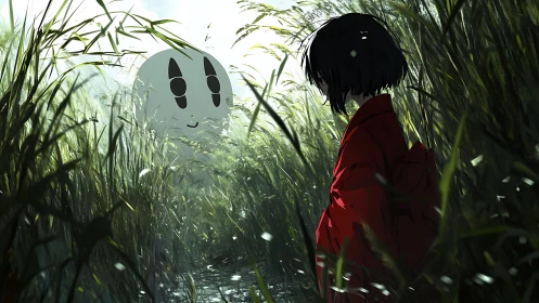 Quiet encounter in overgrown reeds with gentle spirit.