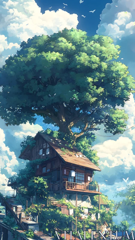 Elevated wooden hillside house integrated into massive sunlit tree crown