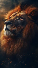 Lion portrait burns with dusk light and molten detail.