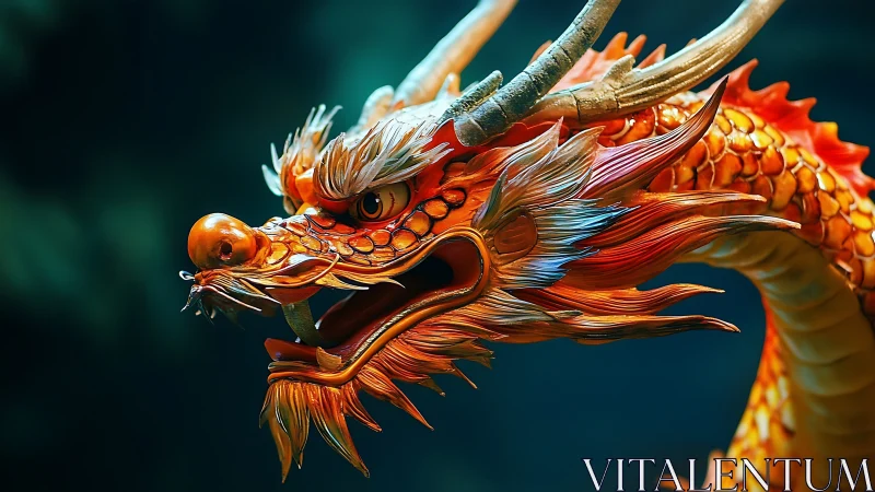 Fiery scaled dragon head rendered with vivid 3D detailing.