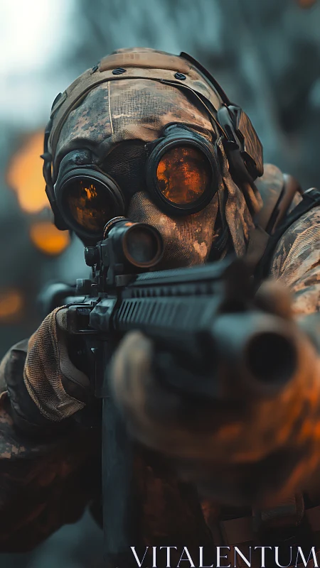 Goggle-eyed marksman in ember-lit tactical standoff.