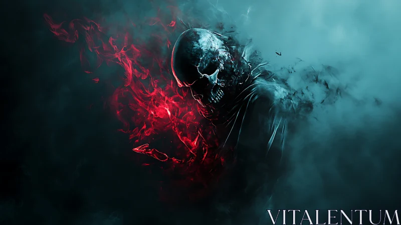 Flaming skull specter emerges through cyan toxic fog.