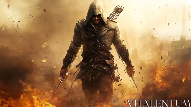 Hooded rogue strides through incendiary battlefield with dual blades