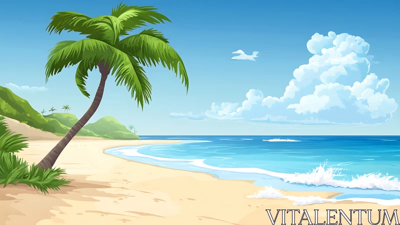 Tropical Beach Scene with Palm Tree and Coastal Waves