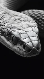 Monochrome serpent portrait with razor-detailed scales.