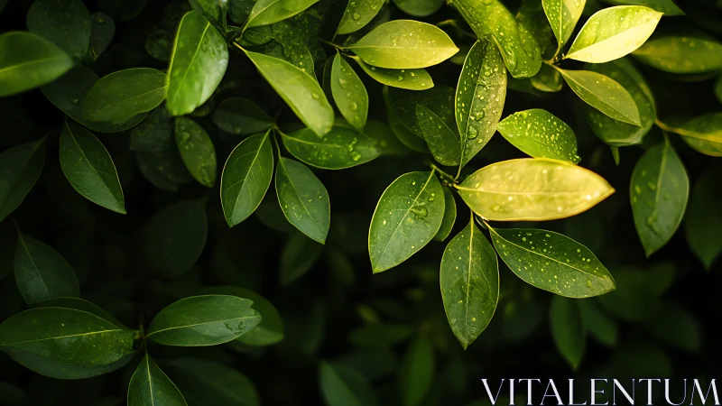 Macro study of sunlit green foliage with dewy water droplets