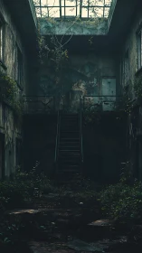 Overgrown interior stairwell in abandoned concrete structure.