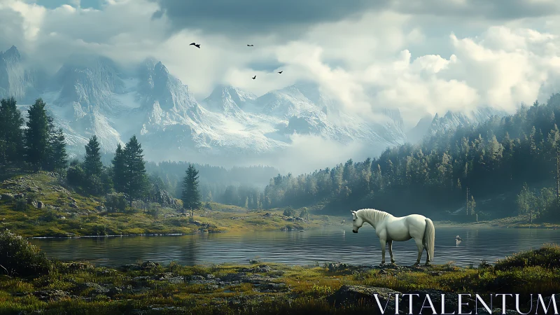 White horse beside alpine lake under misted mountainscape.