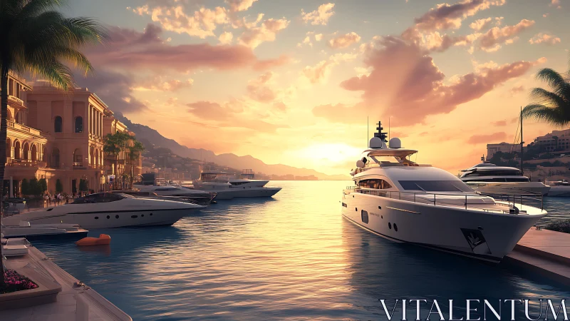 Luxury yachts glow in a serene Mediterranean sunset harbor.