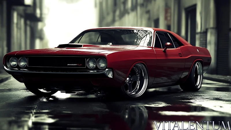 Red classic muscle car on wet urban street at dusk.