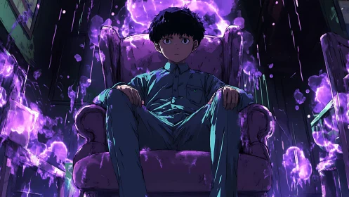 Psychokinetic adolescent in chair amid radiant violet surge.