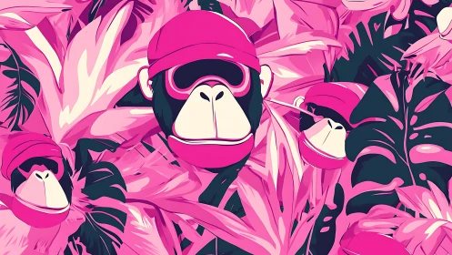 Playful pink monkeys lounge in bold tropical jungle leaves