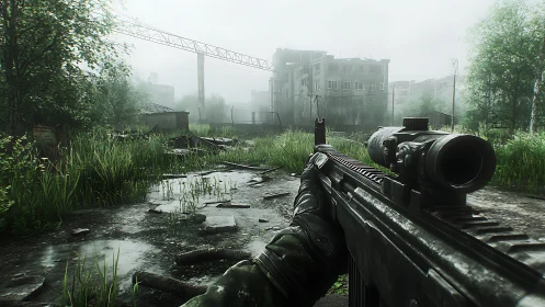 Rifle scope view over flooded urban industrial ruins.