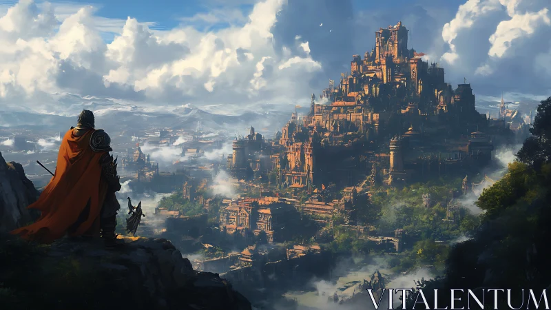 Two travelers gaze toward a sunlit mountain kingdom