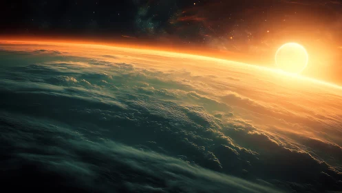 Sunlit planetary horizon shows clouded surface and bright star