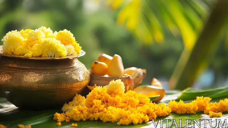 Marigold garlands and brass pot on tropical ritual setting.