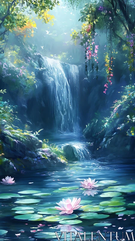 Whispering waterfall garden cradling spellbound lilies.