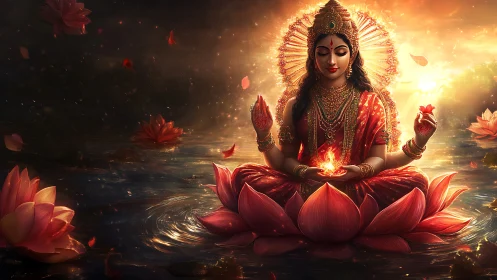 Divine lotus goddess meditating on water with radiant fire orb