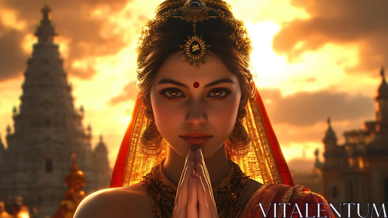 Temple glow crowns serene Indian bride at molten sunset.