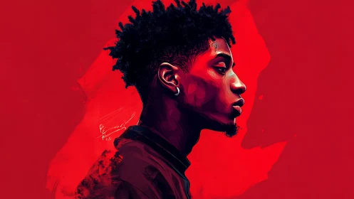 Digital side-profile portrait on solid red background.