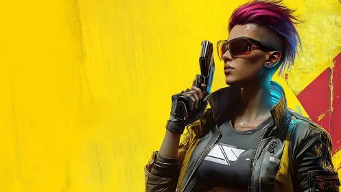 Futuristic armed character rendered against flat yellow backdrop