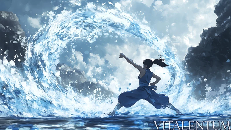 Dynamic waterbender silhouette amid vortex composition.