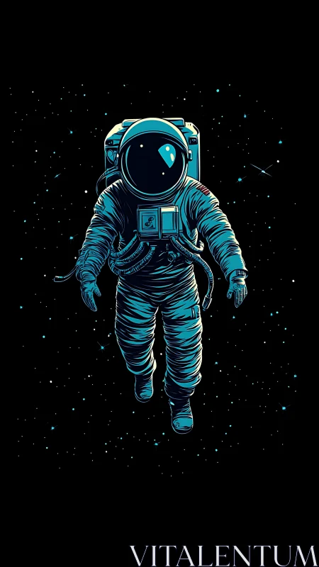 Solitary teal astronaut floating weightless in deep space.