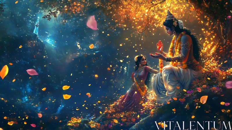 Enchanted forest lovers sharing light beneath golden petals.