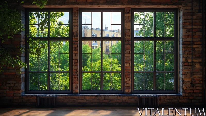 Industrial loft windows framing lush urban greenery.