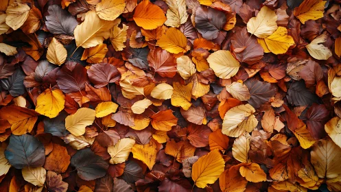 Overhead view of multicolored autumn leaves on ground.