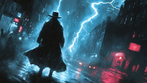 Silhouetted figure in stormlit neon city street at night.