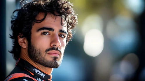 Sunlit racer gazes back with calm, quietly focused confidence