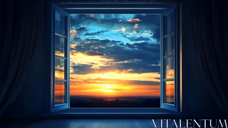 Open window framing vivid digital sunset sky and horizon