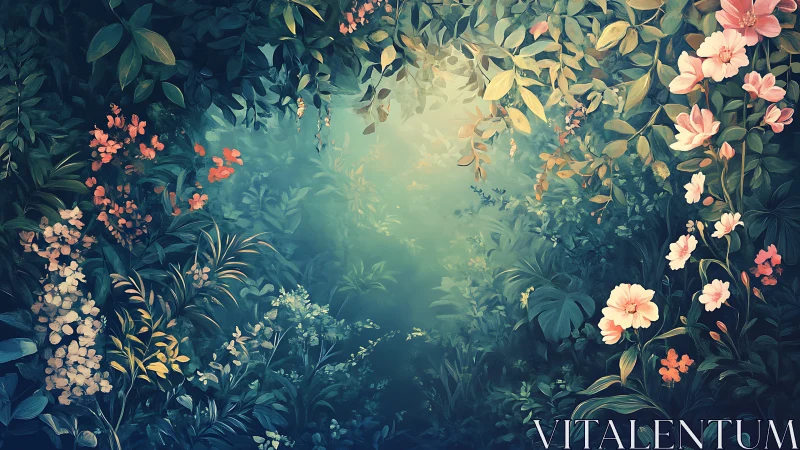 Atmospheric Garden Chamber with Ambient Foliage and Coral Blossoms