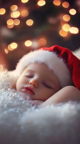 Sleeping infant in Santa hat with bokeh Christmas lights