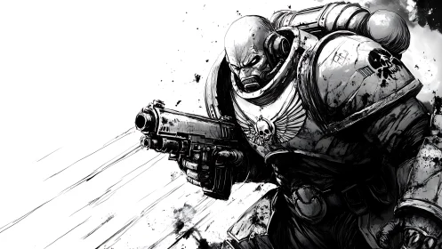 Grim fury marine charging through ink-splattered void.